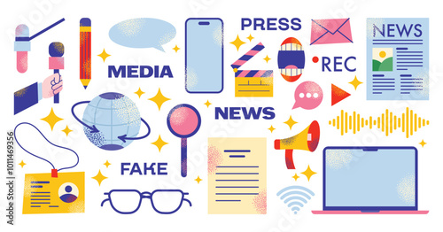 Press journalists concept set. Mass media questions and news. Diary, reporter, press, journalism, article Public speaking and press conference. Cartoon flat vector illustration isolated on background