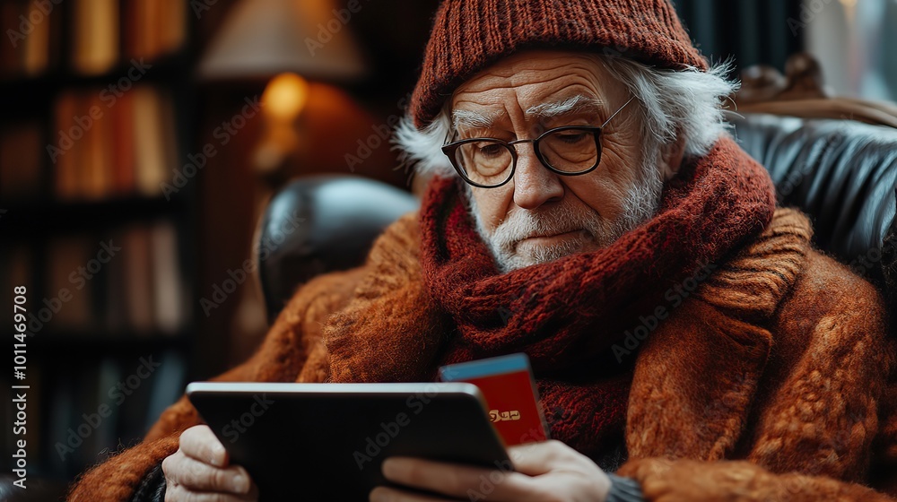 elderly man using tablet ,holding credit card representing senior cybercrime vulnerability elderly man using tablet ,holding credit card representing senior cybercrime vulnerability