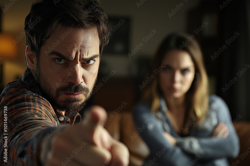 A man pointing directly with a stern expression, while a woman stands in the background with crossed arms, both conveying a tense atmosphere. A man pointing directly with a stern expression, while a woman stands in the background with crossed arms, both conveying a tense atmosphere.
