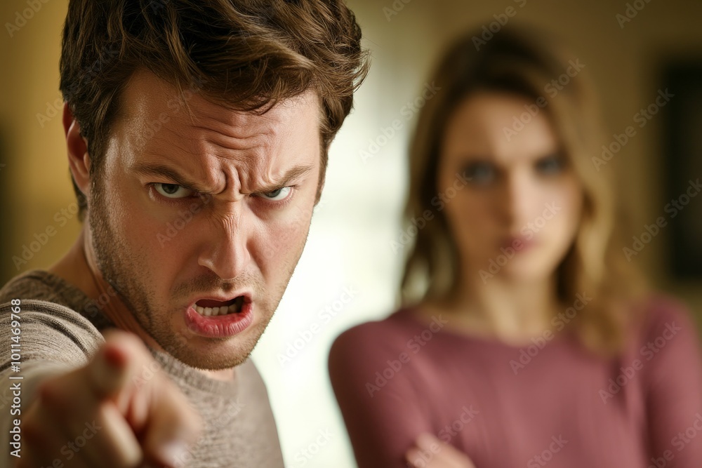 A man visibly angry, points in the foreground with a sense of confrontation, while a woman stands blurred behind him, symbolizing conflict or tension. A man visibly angry, points in the foreground with a sense of confrontation, while a woman stands blurred behind him, symbolizing conflict or tension.