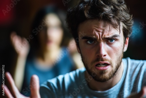 A surprised man displays a wide-eyed expression as a blurred woman gestures behind him, capturing a scene of unexpected emotion or interaction.