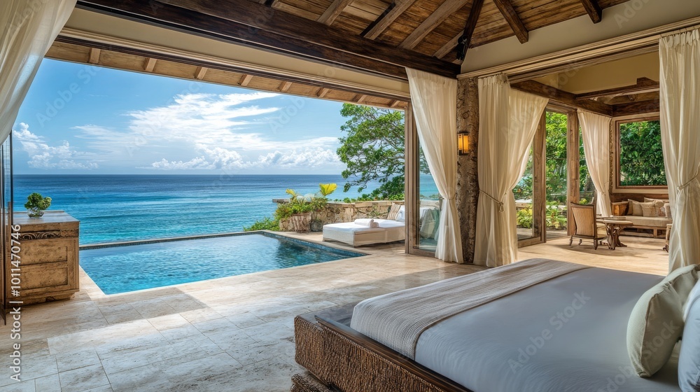 Fototapeta premium A luxurious bedroom with ocean views, featuring elegant decor, an inviting pool, and large windows that open to a tropical paradise.