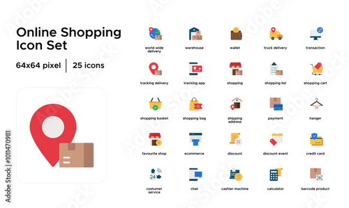 Online Shopping Flat Icon Set: Shopping Cart, Mobile Payment, Delivery, Product Search, User Reviews, E-commerce Platform, Wishlist, and Checkout Icons