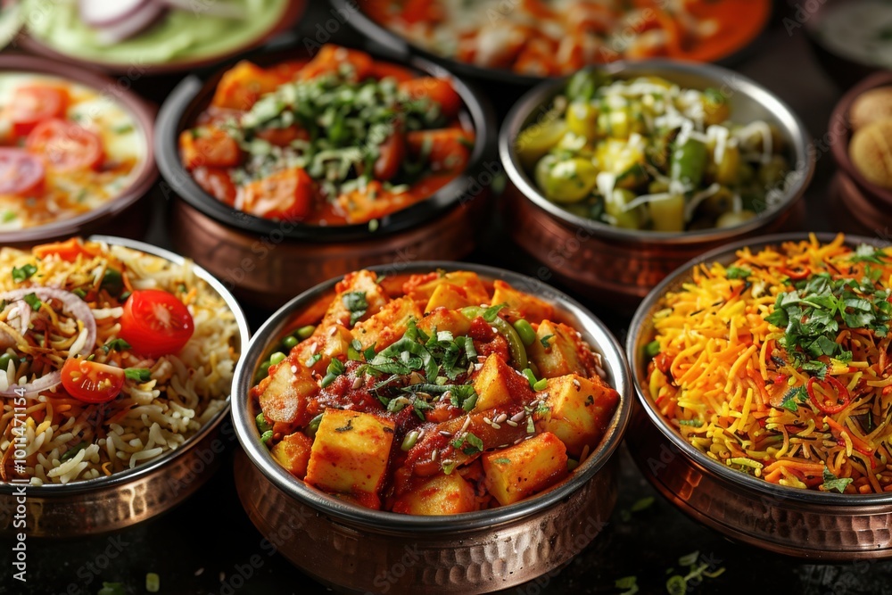 An array of Indian dishes featuring curries, rice, and vegetable dishes, beautifully presented in rustic bowls, showcasing the richness and diversity of Indian cuisine.
An array of Indian dishes featuring curries, rice, and vegetable dishes, beautifully presented in rustic bowls, showcasing the richness and diversity of Indian cuisine.
