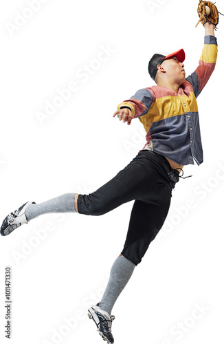 Photography Full-length bottom view image of focused man, baseball player in motion, catching ball in mid-air pose isolated on transparent background