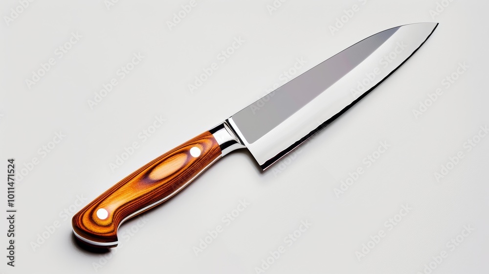 Obraz premium Sharp Kitchen Knife with Wooden Handle on White Background