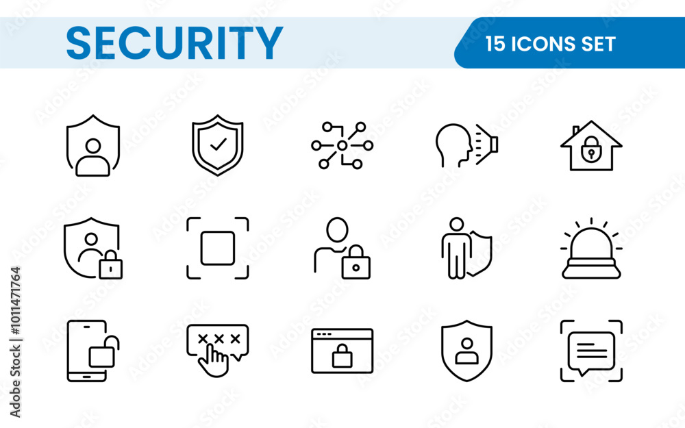 Set of Security web icons in line style. Guard, cyber security, password, smart home, safety, data protection, key, shield, lock, unlock, eye access. Security outline icon set.