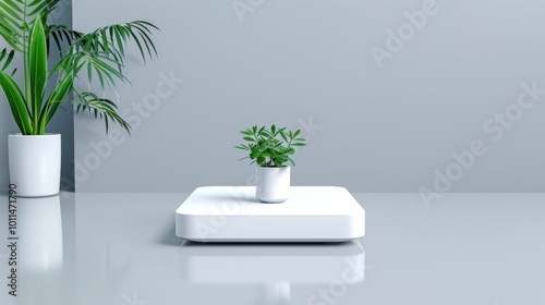 Minimalist Interior Design with Plant on White Platform