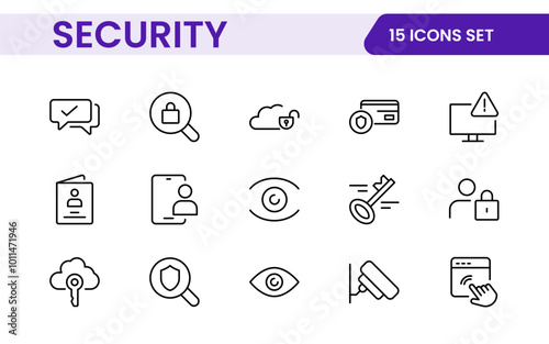 Set of Security web icons in line style. Guard, cyber security, password, smart home, safety, data protection, key, shield, lock, unlock, eye access. Security outline icon set.