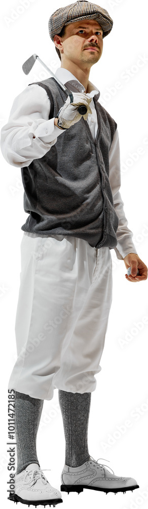 20th-century sports attire ads. Elegant young man in classical clothes standing with golf club isolated on transparent background. Concept of sport, retro and vintage, active lifestyle, hobby 20th-century sports attire ads. Elegant young man in classical clothes standing with golf club isolated on transparent background. Concept of sport, retro and vintage, active lifestyle, hobby