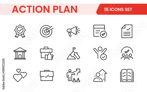 Line icons about action plan. Contains such icons as search strategy, target, scheme, timeline and workflow.Action plan set of web icons in line style. Strategy action planning icons.