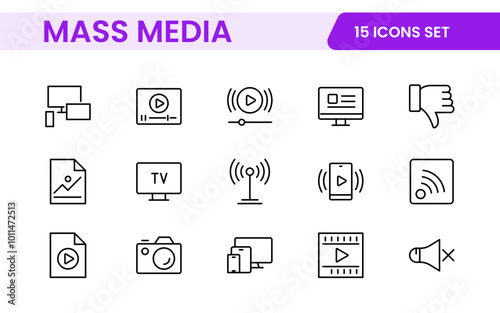 Mass media outline vector icons large set isolated on white background. media business concept. Media outline icons set.