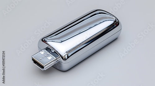 Silver USB Flash Drive on White Background Data Storage Technology Electronics Memory