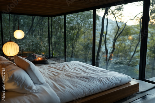 a digital detox space, A serene bedroom featuring a large bed with white linens, surrounded by large windows offering a peaceful view of the forest. Warm lighting enhances the cozy, modern atmosphere. photo