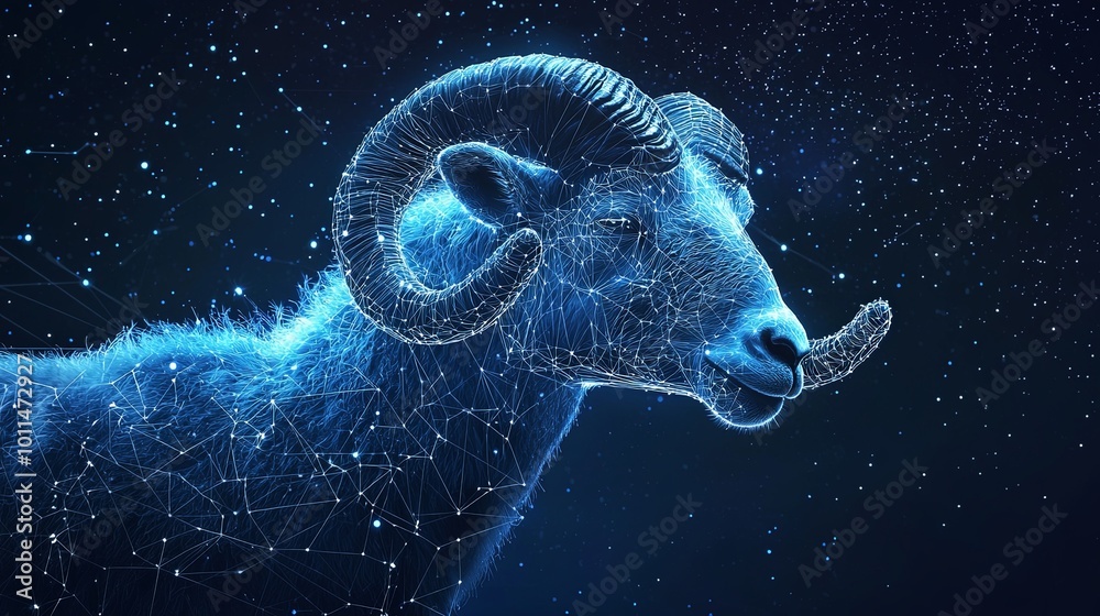 This artwork depicts a majestic digital ram, glowing with intricate wireframe details, set against a cosmic background, exuding an aura of otherworldly beauty. This artwork depicts a majestic digital ram, glowing with intricate wireframe details, set against a cosmic background, exuding an aura of otherworldly beauty.