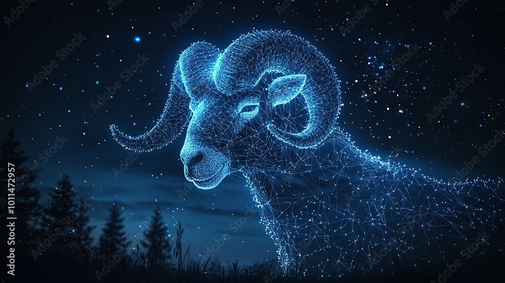 This surreal digital art features a ram, intricately rendered in glowing wireframe, set under a cosmic night sky, symbolizing strength and connectivity. This surreal digital art features a ram, intricately rendered in glowing wireframe, set under a cosmic night sky, symbolizing strength and connectivity.
