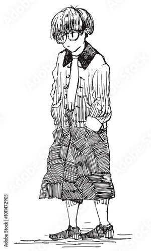 アナログ風の線で描かれた人物のおしゃれなイラスト
