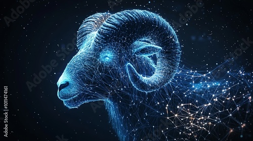 A striking digital portrait of a ram created using glowing wireframe techniques, merging traditional wildlife imagery with contemporary aesthetic in a stunning display.