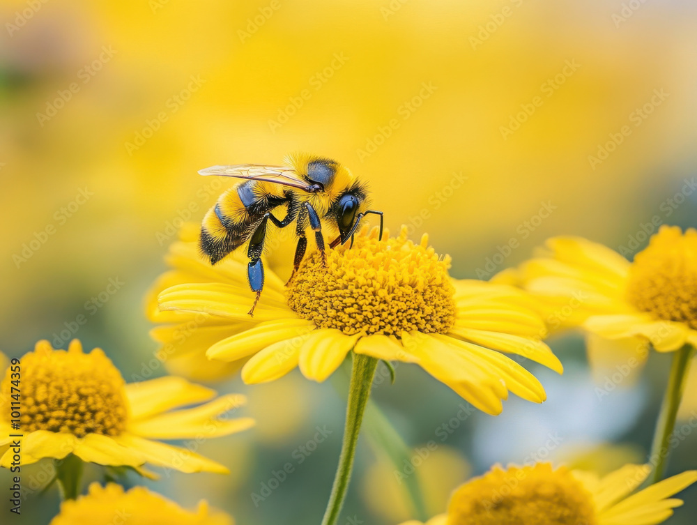 A bee pollinates bright yellow flowers in a sunny garden, highlighting nature's beauty A bee pollinates bright yellow flowers in a sunny garden, highlighting nature's beauty