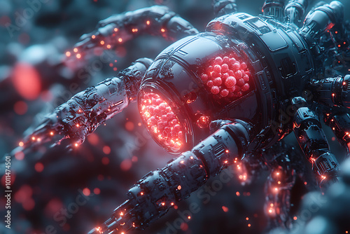  small mech nanorobots using metal micro tentacles to destroy cholesterol cells. A futuristic concept showcasing advanced biotechnology and medical innovation.
 photo