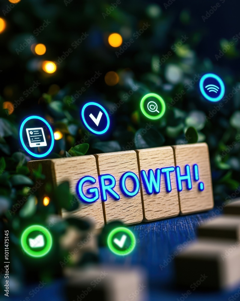 Wooden blocks spelling 'GROWTH!' with colorful icons on a blurred backdrop. Wooden blocks spelling 'GROWTH!' with colorful icons on a blurred backdrop.
