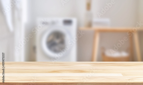 Canvastavla A close-up of a wooden table with a blurred background featuring a laundry room