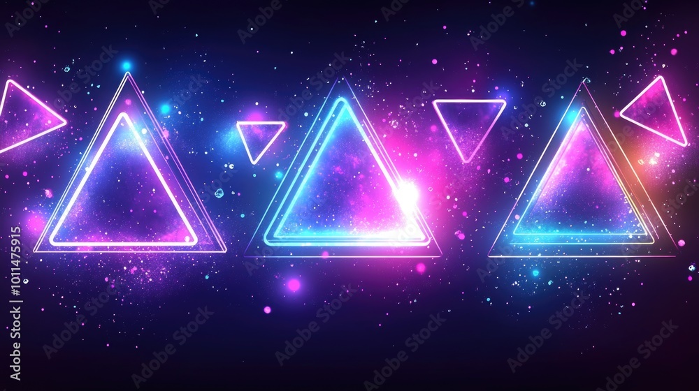 Futuristic neon glowing triangles on a cosmic background with abstract lights Futuristic neon glowing triangles on a cosmic background with abstract lights
