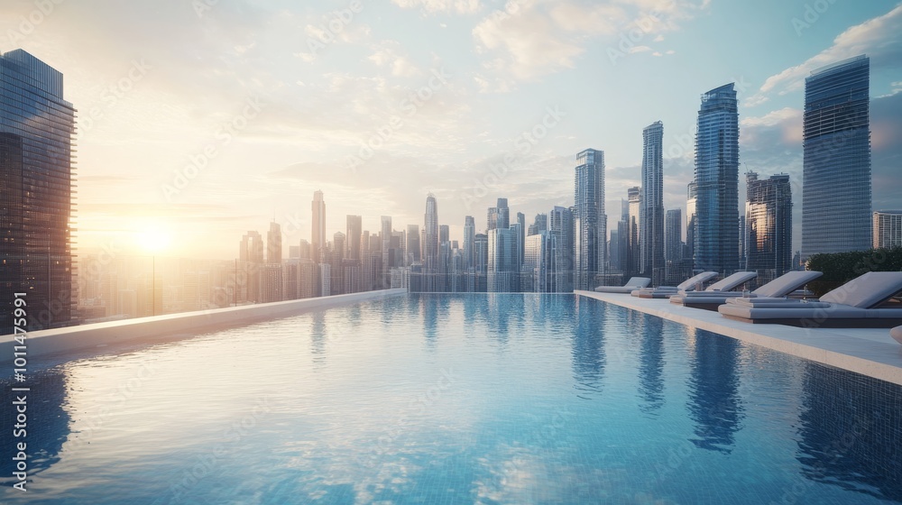 A serene rooftop pool reflects the skyline at sunrise, offering a stunning view of modern skyscrapers bathed in golden light. A serene rooftop pool reflects the skyline at sunrise, offering a stunning view of modern skyscrapers bathed in golden light.