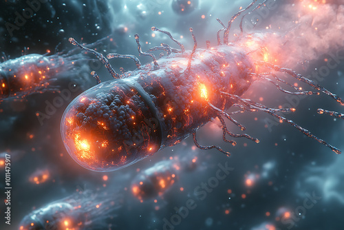  small mech nanorobots using metal micro tentacles to destroy cholesterol cells. A futuristic concept showcasing advanced biotechnology and medical innovation.
 photo