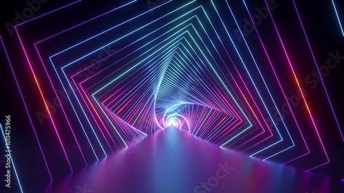 looped 3d animation. Flight inside the neon infinity tunnel with rotating square frames. Abstract motion background. Virtual reality