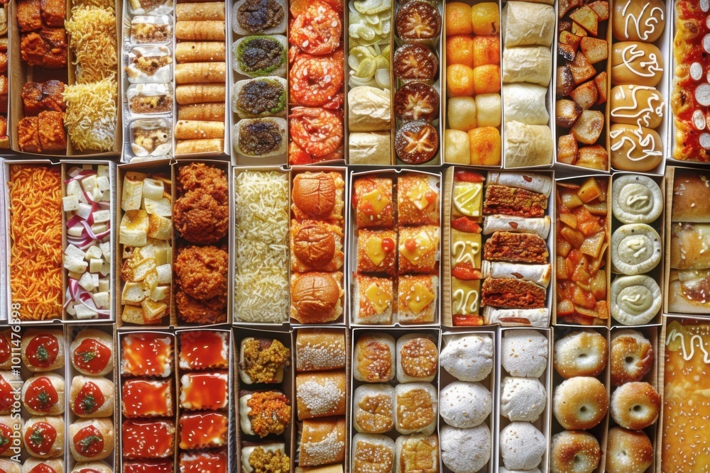 An extensive variety of bakery and fast food items including pastries, sandwiches, and rolls, carefully organized in boxes for an eye-catching and flavorful feast.
An extensive variety of bakery and fast food items including pastries, sandwiches, and rolls, carefully organized in boxes for an eye-catching and flavorful feast.