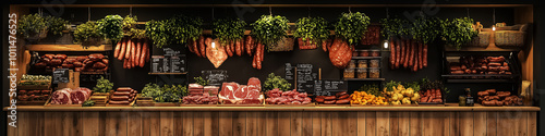 Gourmet butcher shop showcasing fresh meats and herbs for wall art, decoration, or culinary-inspired design, ideal for restaurants, kitchens, and food lovers.