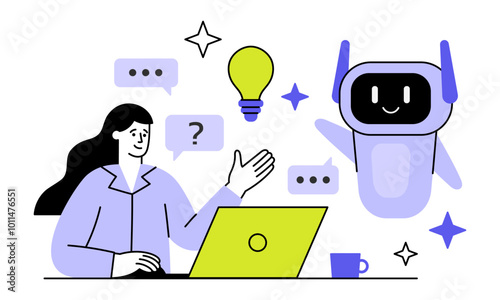 Artificial intelligence helps a woman solve a work task. Cute robot gives an idea to a light bulb flat vector illustration. Girl working on laptop
