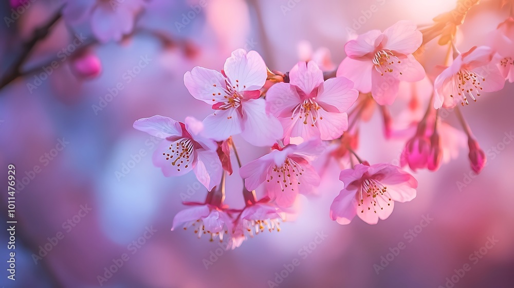 A soft, blurred cherry blossoms in spring with a clear sky for text