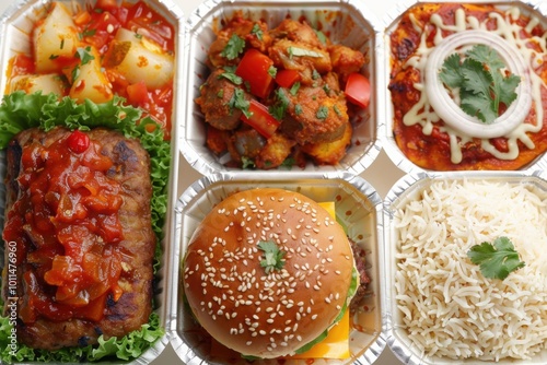 A hearty fast food meal featuring a cheeseburger, rice, grilled meats, and vegetables, packed in individual containers for convenient takeaway or delivery.