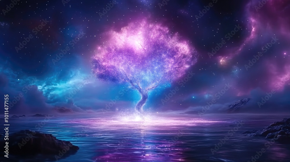 Ethereal dream: enchanted tree of life in cosmic waters under starry sky Ethereal dream: enchanted tree of life in cosmic waters under starry sky