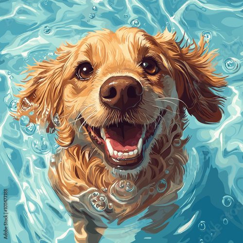 Cute Joyful Dog plays in the water dogs frolic on the beach Watercolor Vector