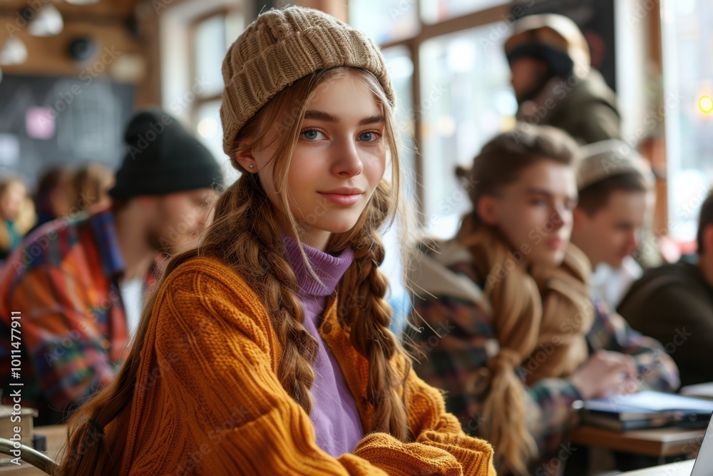 Obraz premium A young woman with braided hair wearing a cozy sweater and beanie, sitting in a warm, casual cafe setting during winter, exuding a relaxed and inviting atmosphere.