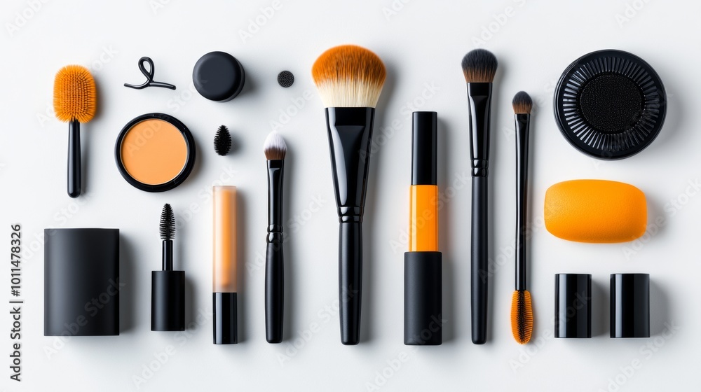 Makeup Brushes Tools and Products Flat Lay on White Background Makeup Brushes Tools and Products Flat Lay on White Background