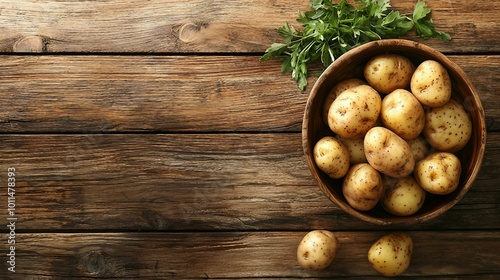 Rustic Arrangement of Fresh Potatoes in a Wooden Bowl on a Kitchen Table