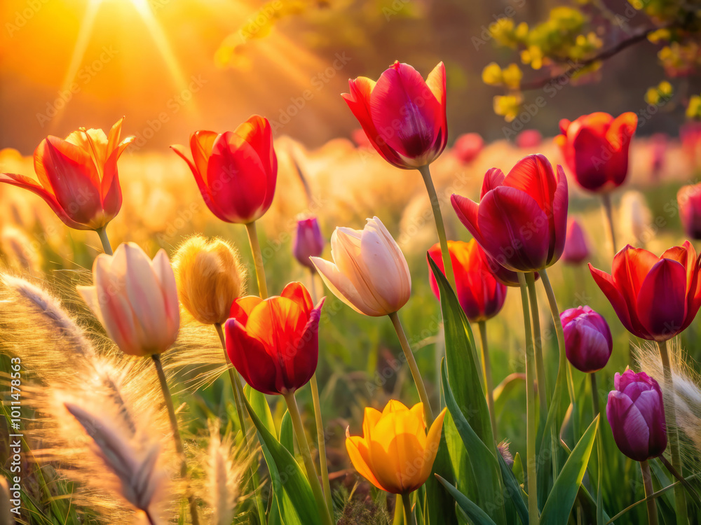 Vibrant tulips bursting with color, set against soft, glowing backdrop of sunlight and gentle grasses, create serene and joyful atmosphere in this beautiful spring scene Vibrant tulips bursting with color, set against soft, glowing backdrop of sunlight and gentle grasses, create serene and joyful atmosphere in this beautiful spring scene
