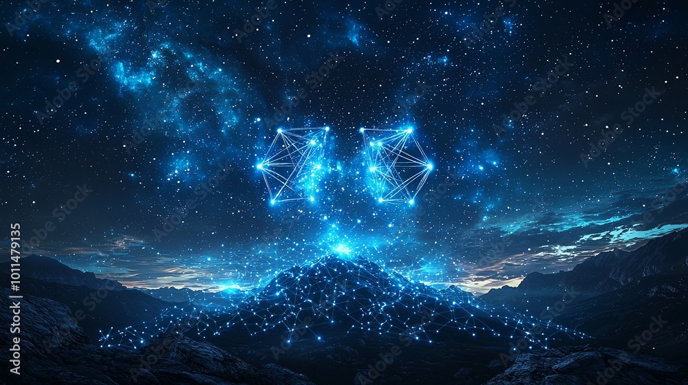 A mountain is capped by a network of glowing connections, resembling a technological structure, amidst a vast starry universe, suggesting innovation and exploration.
