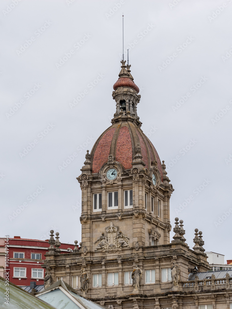 Fototapeta premium A Coruña, Spain. August 5, 2024. The Town Hall Spire In María Pita Square.