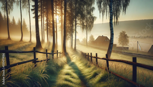 Peaceful Foggy Countryside Morning with Sunlight and Dew-Covered Grass. AI-generated photo