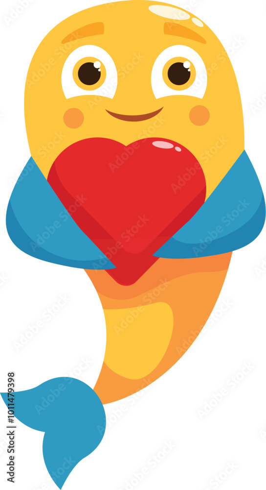 Cheerful yellow cartoon fish holding a red heart, expressing love and affection Cheerful yellow cartoon fish holding a red heart, expressing love and affection