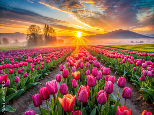 Breathtaking tulip fields burst with vibrant colors as sun rises, casting warm glow over dew kissed petals. serene landscape invites tranquility and joy