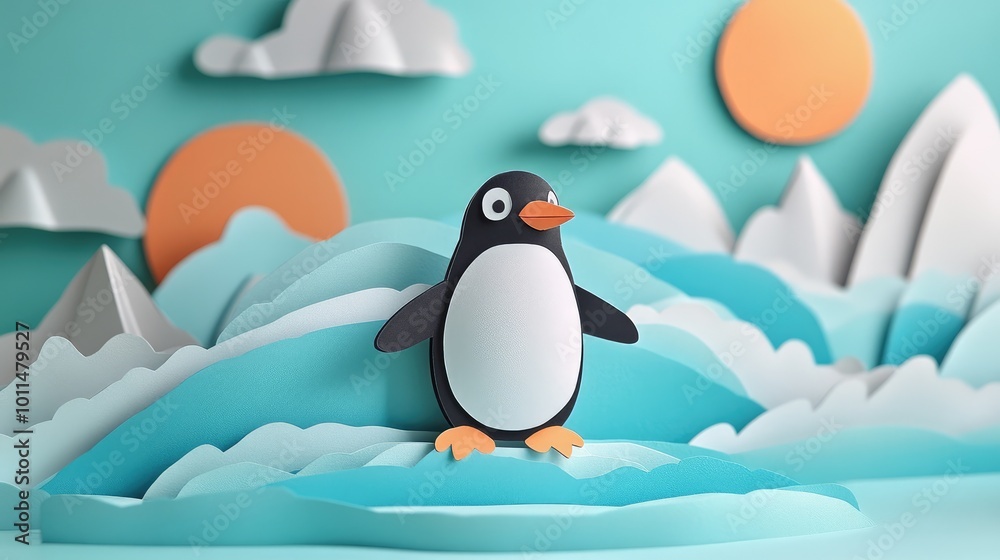 Fototapeta premium A 3D Penguin Standing on a Paper-Cutout Landscape Generative Ai