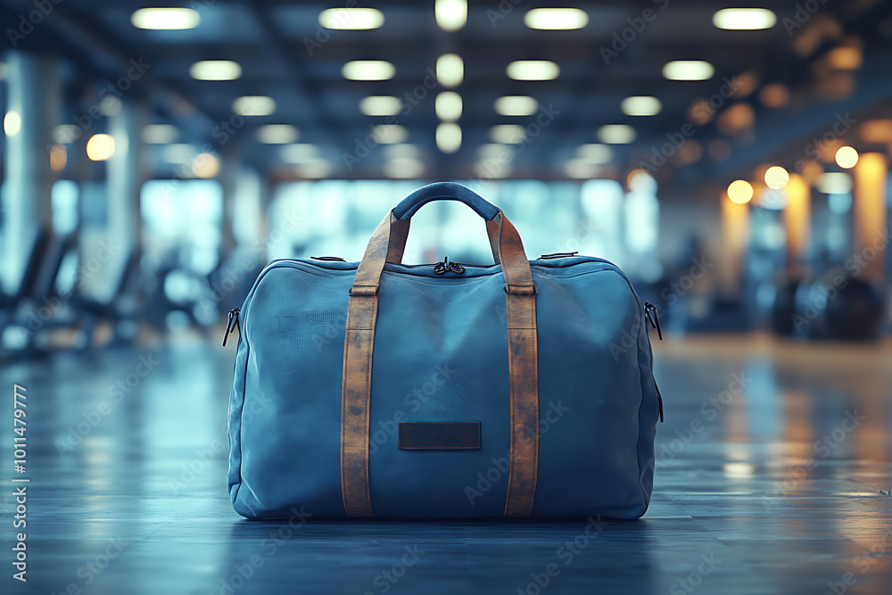 Obraz premium A sports bag rests on a bench in a well-decorated gym locker room. Modern design and clean atmosphere highlight fitness and active lifestyle themes. 