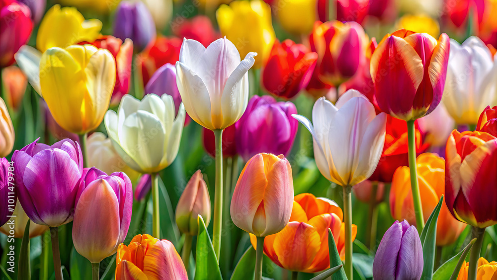 Vibrant tulip flowers burst forth in riot of hues, showcasing stunning array of colors that create joyful and lively atmosphere in garden Vibrant tulip flowers burst forth in riot of hues, showcasing stunning array of colors that create joyful and lively atmosphere in garden
