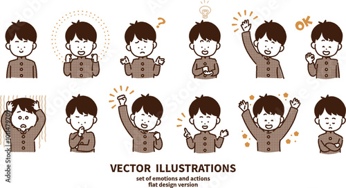 学生　上半身ポーズのイラストセット（男の子）